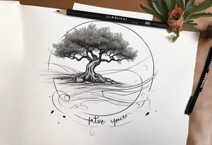 And olive tree with exposed roots, writing out “patience” in Korean, next to a tree stump with exposed rings, and a small Poppy flower growing out of the ground tattoo idea