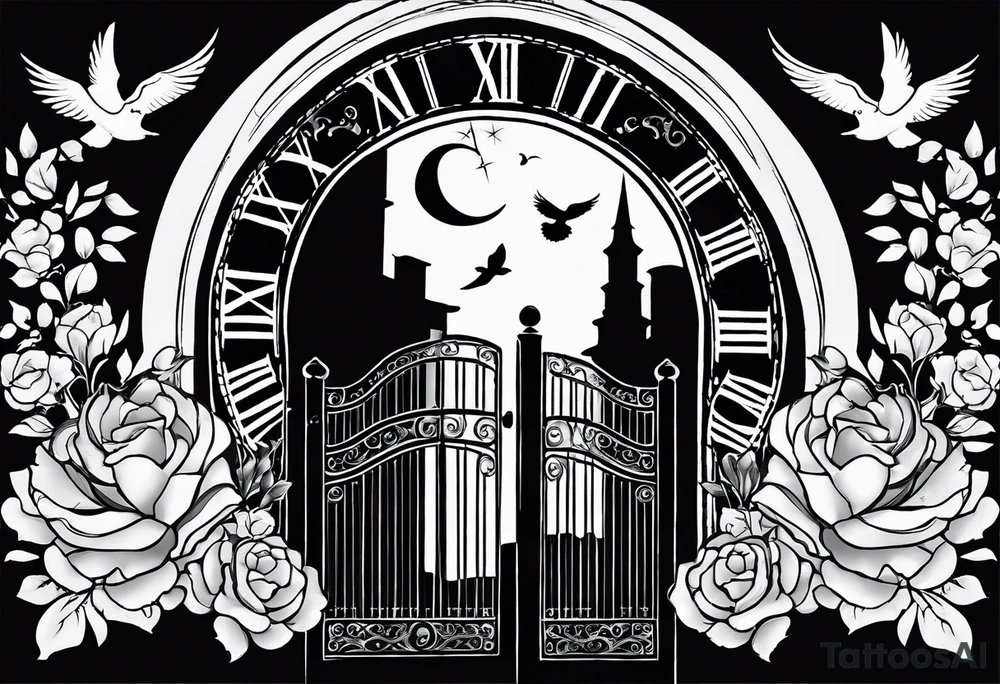 Forearm tattoo:
Mawmaw
07-05-38 / 09-23-24
Grandson and grandma silhouette walking up to the gates of heaven with the gates opened shinning bright with a cross and Doves flying around 
Big Busted clock behind it with the time of her death 7:00pm tattoo idea
