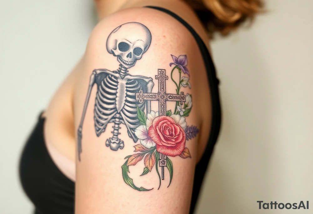 A tattoo with skeleton and a cross representing from death to life. Incorporate the following flowers in a bouquet coming out of the life side. Morning Glory, Lily of the Valley, Daffodil, Rose, Poppy, Violet tattoo idea