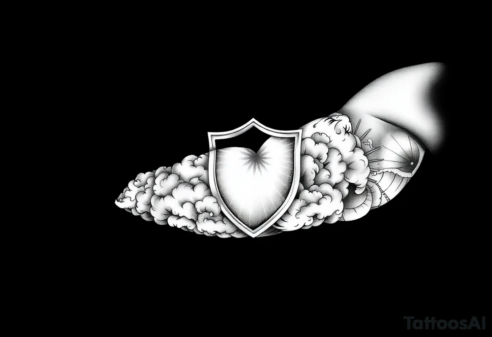 Half sleeve. sun rays, clouds, shield tattoo idea