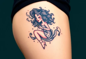 Curly haired Woman smoking while floating in space tattoo idea