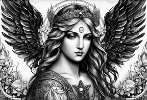 Guardian angel  Something religious and some women 
eyes too. 2012 wrote 
in Roman numbers tattoo idea