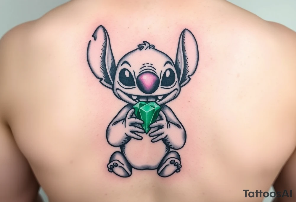 Stitch holding emerald birthstone tattoo idea