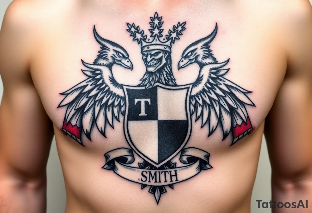 Family crest from Ireland with the The Toledo Mudhens Baseball Team, a very dark  And Demonic And Midevel Featurs Made Into a full chest tattoo with Smith last name heritage and meaning tattoo idea
