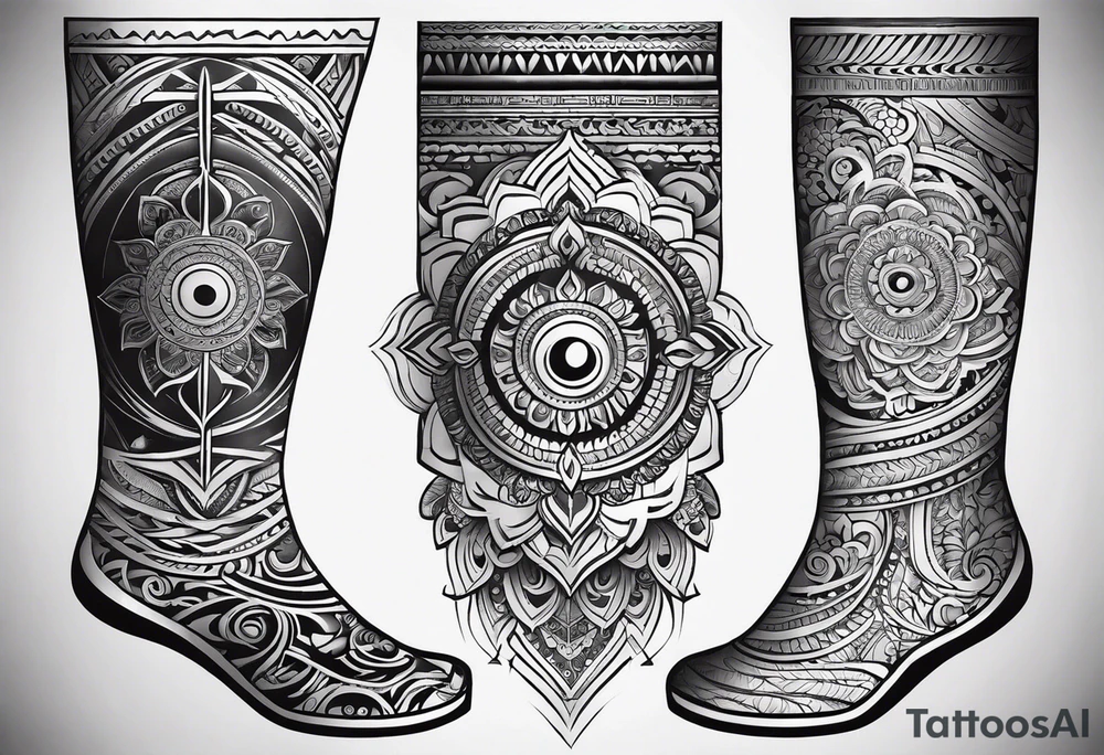 Hindu Sanskrit tribal design on right lower leg, below knee to top of feet for men tattoo idea