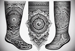 Hindu Sanskrit tribal design on right lower leg, below knee to top of feet for men tattoo idea