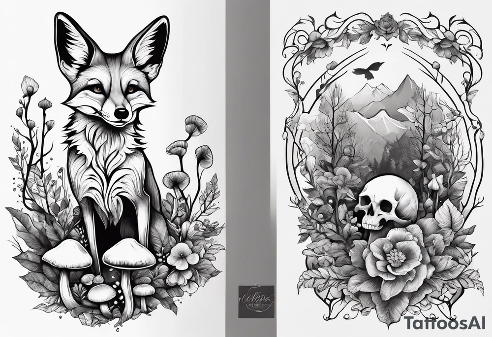 Dear fox skeleton with mushrooms growing out of it, simplistic tattoo idea