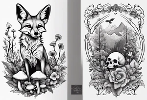 Dear fox skeleton with mushrooms growing out of it, simplistic tattoo idea