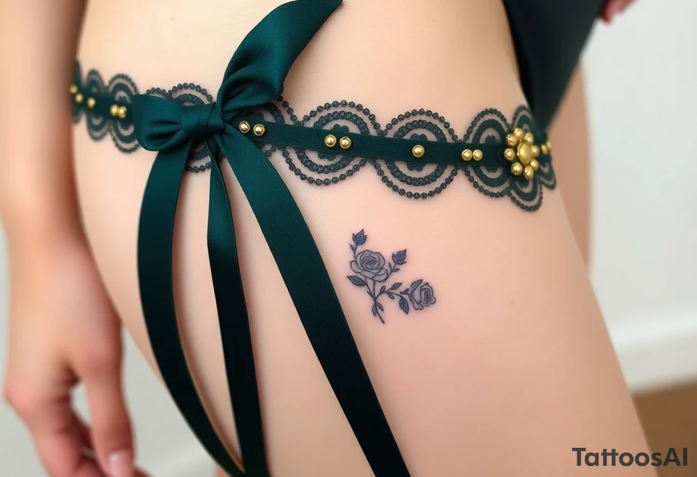 garter tattoo with dark forest green velvet, with baroque-inspired gold accents and tiny intricate roses tattoo idea