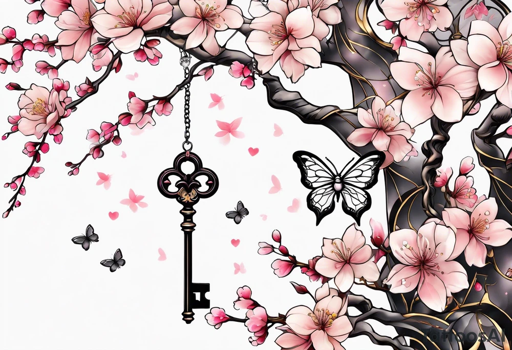 Cherry Blossom Tattoo with a key that unlocks a heart surrounded by white butterflies and in a golden aura tattoo idea