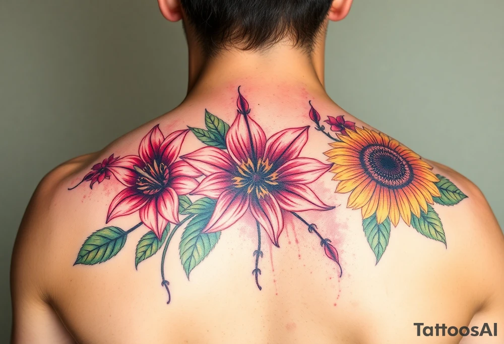 Vintage star gazer lillies wild roses and sunflowers tattoo idea