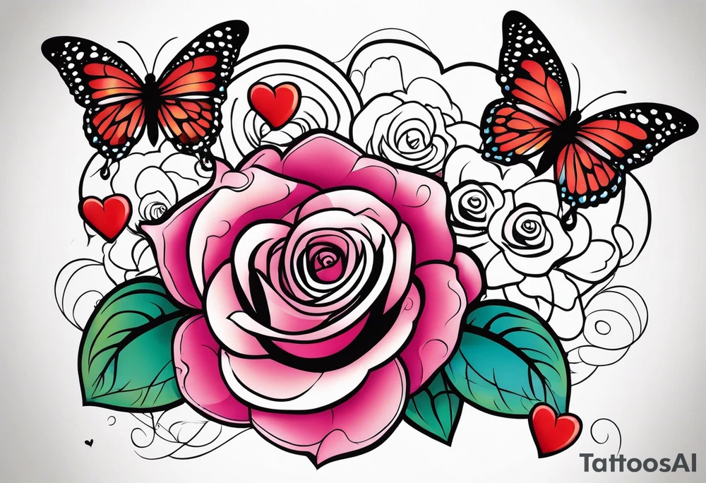 Roses with butterflies and hearts tattoo idea