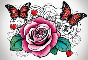 Roses with butterflies and hearts tattoo idea