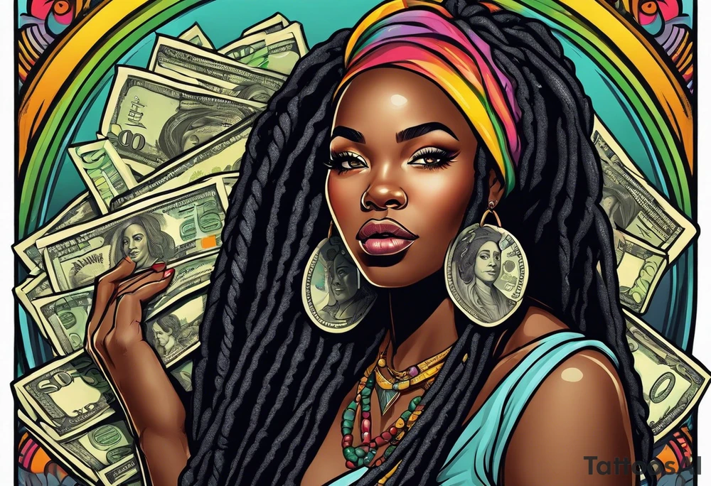 beautiful thick black women with long straight dreadlocks, new school style, holding piles of money, colorful, pastel, old school traditional, tattoo idea
