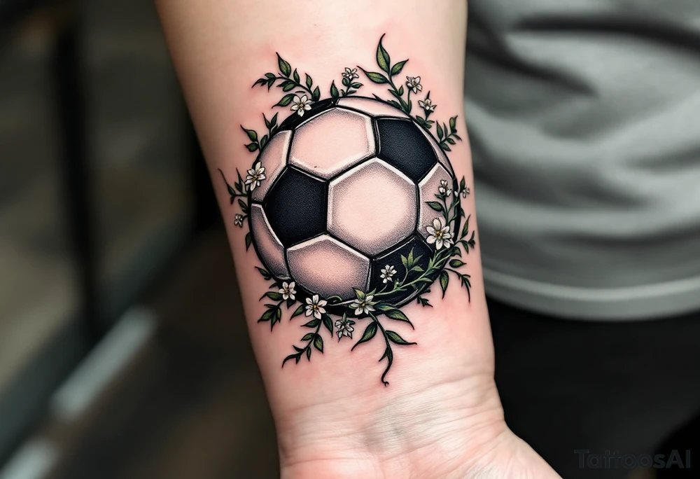 A shaded black soccer ball with green vines and small white flowers wrapping it. tattoo idea