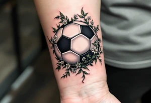 A shaded black soccer ball with green vines and small white flowers wrapping it. tattoo idea