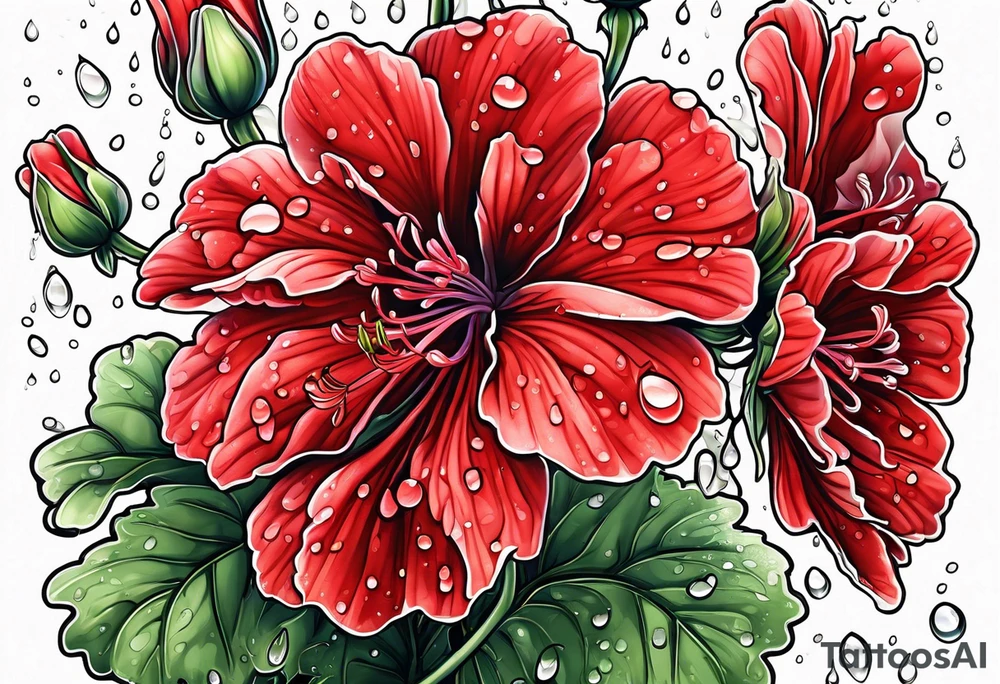 red geraniums with rain drops tattoo idea