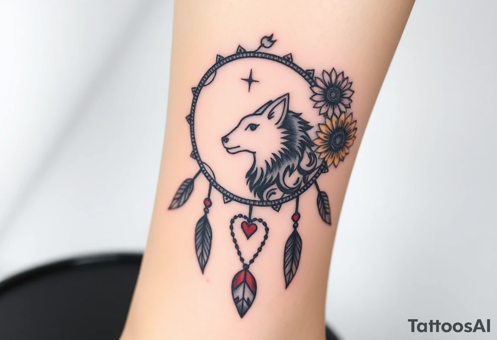 A Cresent moon dream catcher with sunflower, wolf, Harry potter, star wars, unicorn, fire heart all in one tattoo idea