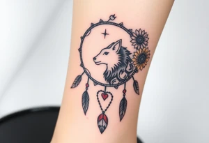 A Cresent moon dream catcher with sunflower, wolf, Harry potter, star wars, unicorn, fire heart all in one tattoo idea