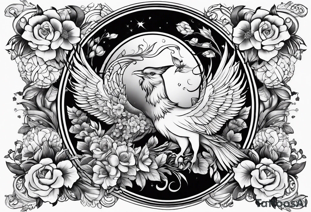 Sleeve with Libra and Phoenix with flowers tattoo idea