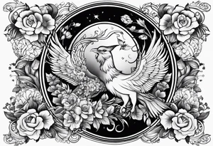 Sleeve with Libra and Phoenix with flowers tattoo idea