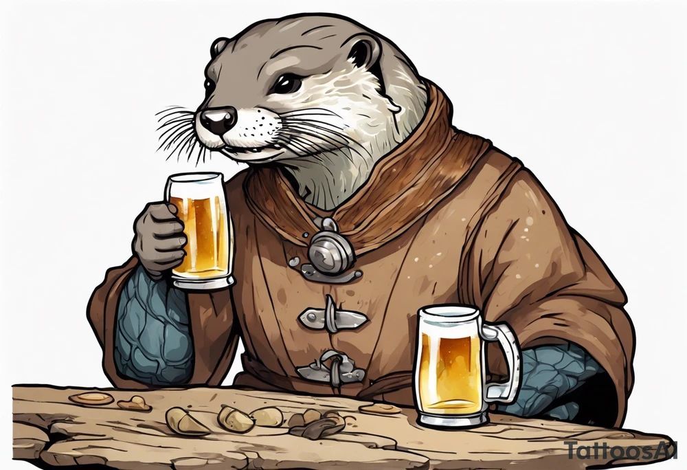 a medieval otter-human wearing a tunic and drinking from a pewter mug of beer in a tavern, laughing tattoo idea