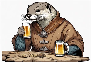 a medieval otter-human wearing a tunic and drinking from a pewter mug of beer in a tavern, laughing tattoo idea
