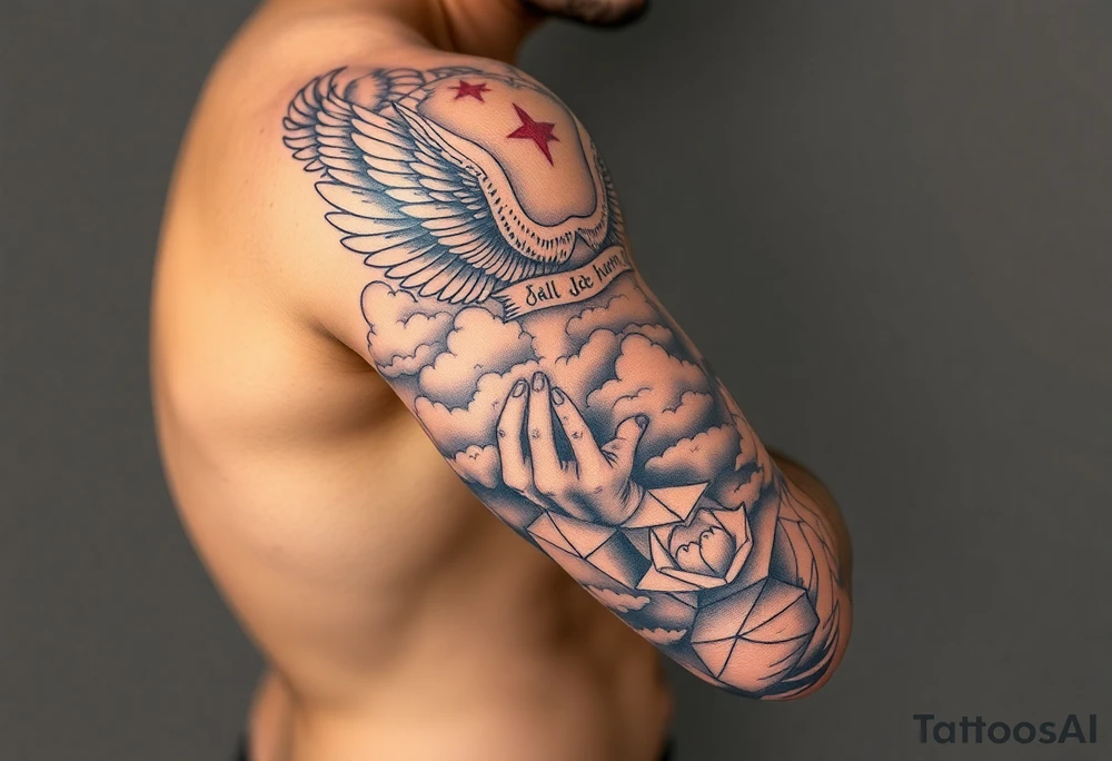 cast all your anxiety on him because he cares for you" with angels and clouds and hands tattoo idea