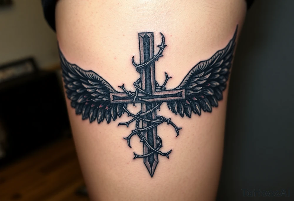 A cross wrapped in thorny vines, with dark angel wings in deep gray and blood-red accents tattoo idea