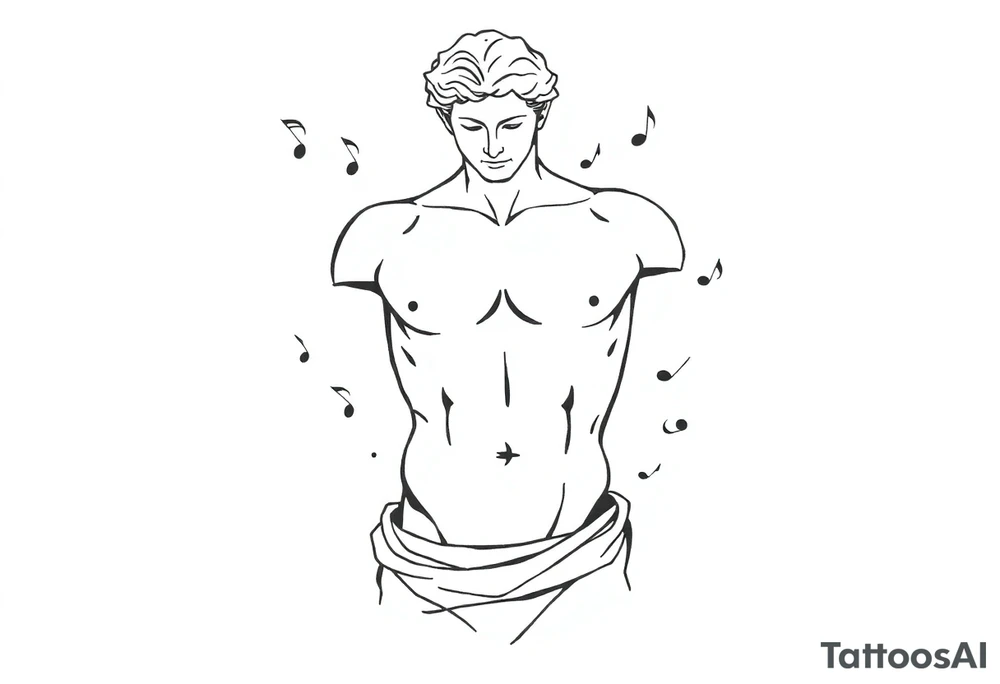 Male Greek statue torso. No arms, legs or head. Fit and muscular. Simple design. Creative arts symbols like music notes scattered around the torso and partially behind it. tattoo idea