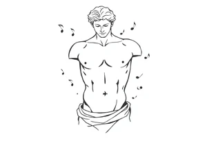 Male Greek statue torso. No arms, legs or head. Fit and muscular. Simple design. Creative arts symbols like music notes scattered around the torso and partially behind it. tattoo idea