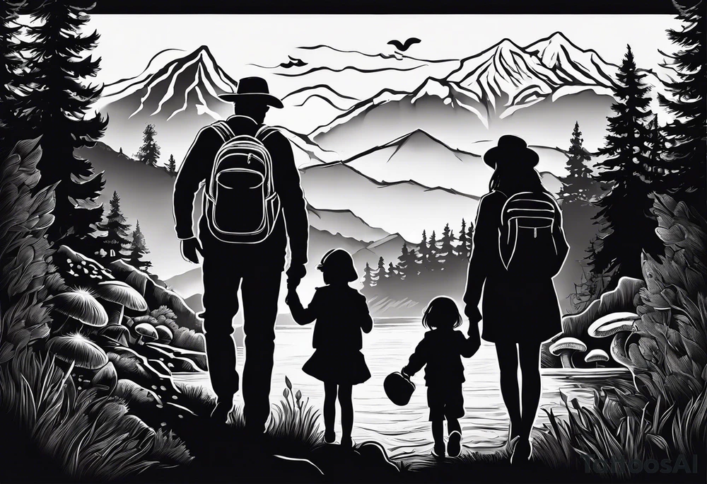 Family silhouette with a father, a mother, older son, older daughter, and small daughter foraging mushrooms with mountains and creek in background tattoo idea