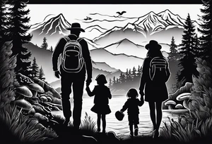 Family silhouette with a father, a mother, older son, older daughter, and small daughter foraging mushrooms with mountains and creek in background tattoo idea