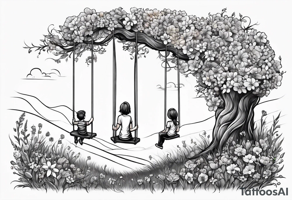 Mom with son and daughter on a swing in the distance in a field of flowers tattoo idea
