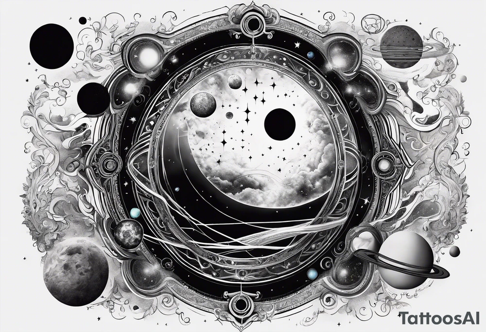 A tattoo featuring a cosmic scene with planets, black holes, and supernovae intertwined with intricate linguistic symbols, reflecting the client's interests in cosmology and linguistics. tattoo idea
