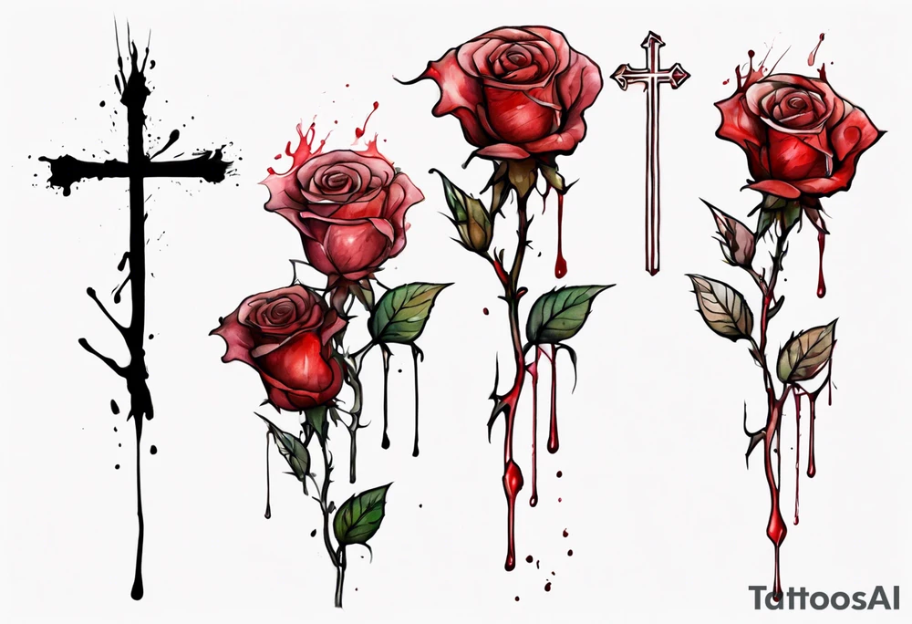 rose flower, one line, red blood dripping from the flower, tall, watercolor, with a small
 Christian cross as the stem tattoo idea
