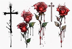 rose flower, one line, red blood dripping from the flower, tall, watercolor, with a small
 Christian cross as the stem tattoo idea