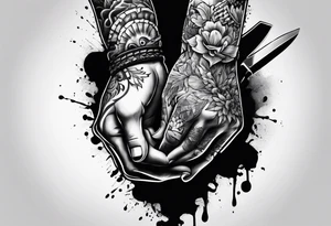 Two hands shaking with a knife going through them tattoo idea