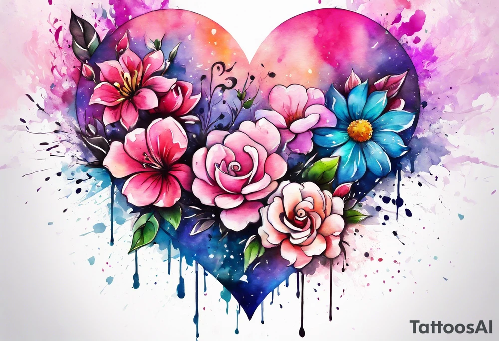 Flowers around a heart with pink splatter water color background tattoo idea