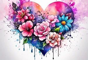 Flowers around a heart with pink splatter water color background tattoo idea