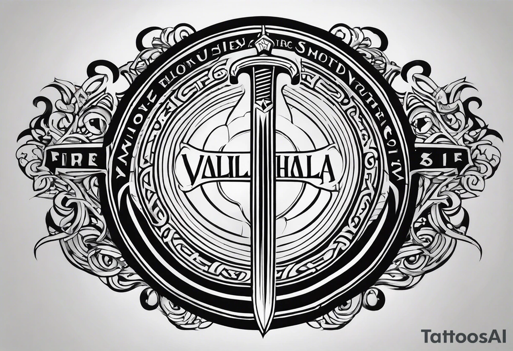 Valhalla round shield fire sword tattoo idea