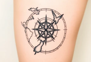 antique compass rose overlaid on weathered world map of New Zealand tattoo idea