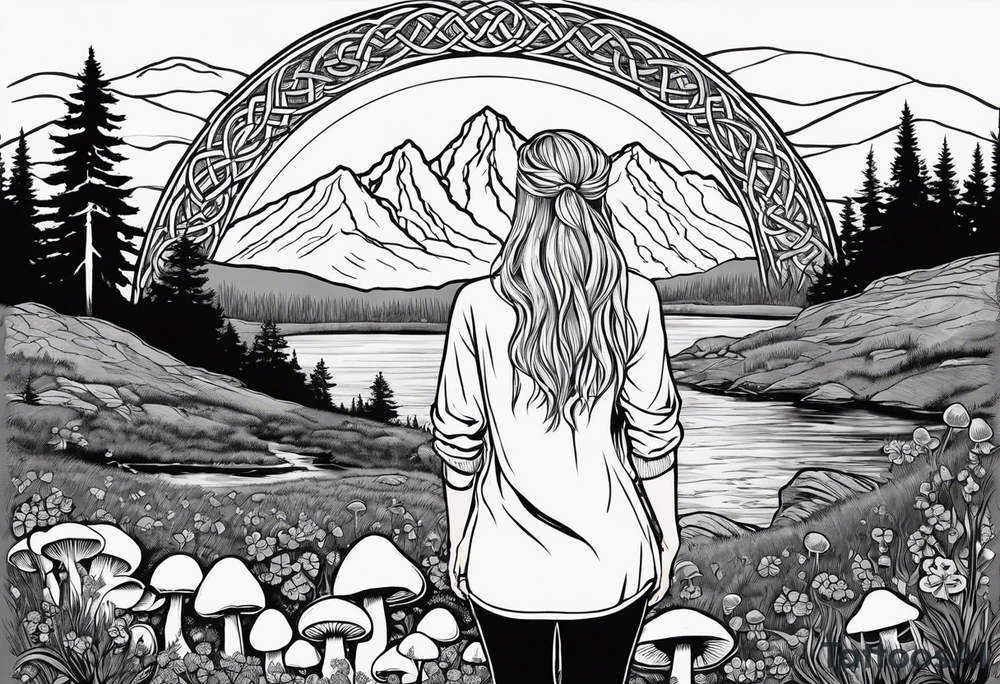 Whole picture encircled fully

Straight long blonde hair hippie girl in distance holding mushrooms in hand facing away toward mountains and creek surrounded by mushrooms long sleeve shirt and hiking pants; whole rendering within a full celtic circle, no cut off circle tattoo idea