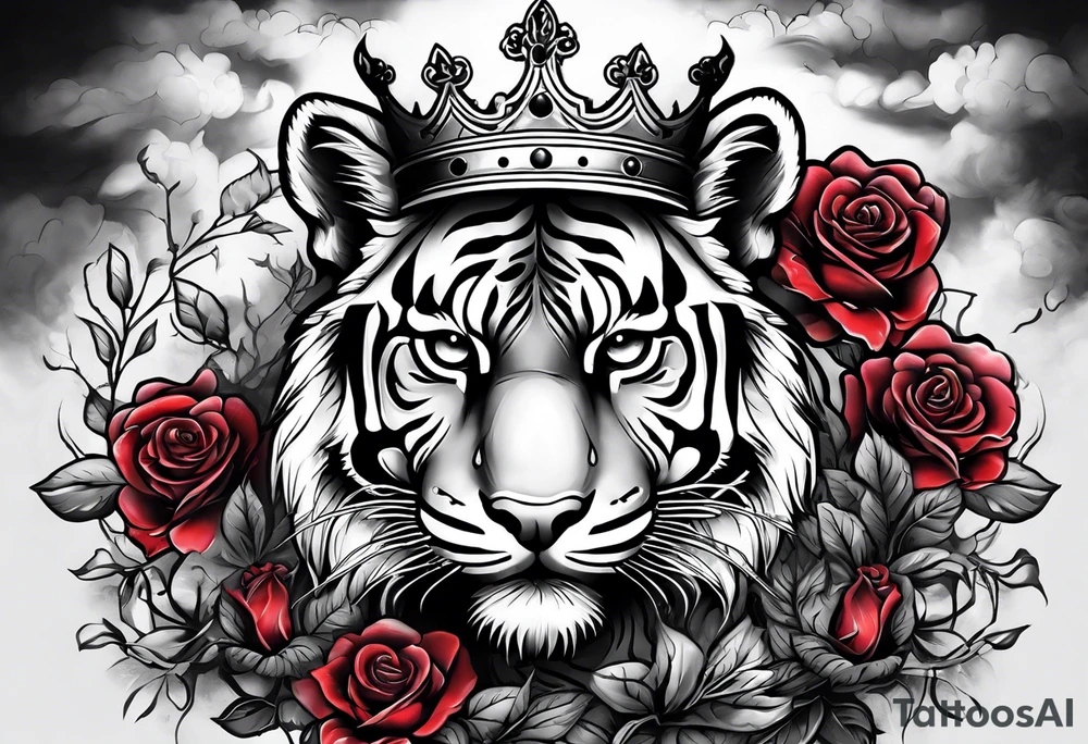 A full sleeve tiger with a crown and third eye with a hour glass instead the hour glass brain cover in in clouds and a heart cover in grass and roots with roses and smoke all over the arm tattoo idea