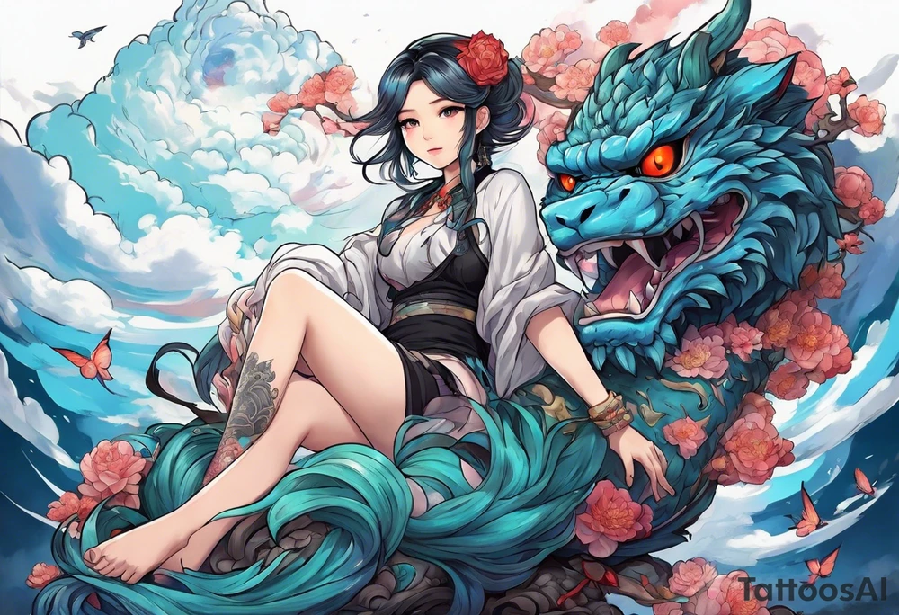 an anime girl sitting on a asian monster surrounded by cloud tattoo idea