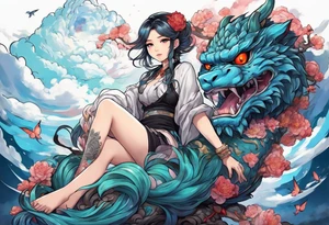 an anime girl sitting on a asian monster surrounded by cloud tattoo idea