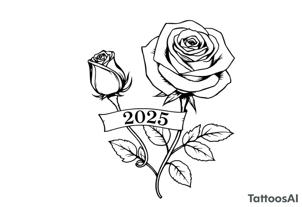 two beautiful large rose buds, one larger than the other, with many leaves next to the rose buds, with one sitting higher than the other. Include a banner connecting the two roses with the year 2025 on it.   Use dark outlines with little shading. The two stems should be short, not long, and connect and join into one stem, whimsically curved or twisted - not straight down. tattoo idea