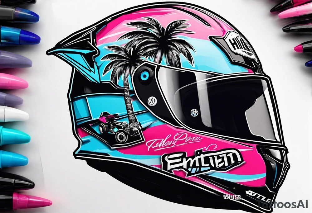 Formula 1 helment with a palm tree and black pink and light blue color tattoo idea