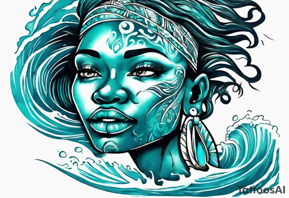 a beautiful turquoise african face emerging from an ocean wave, crashing onto the shore tattoo idea