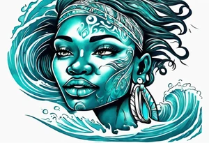 a beautiful turquoise african face emerging from an ocean wave, crashing onto the shore tattoo idea